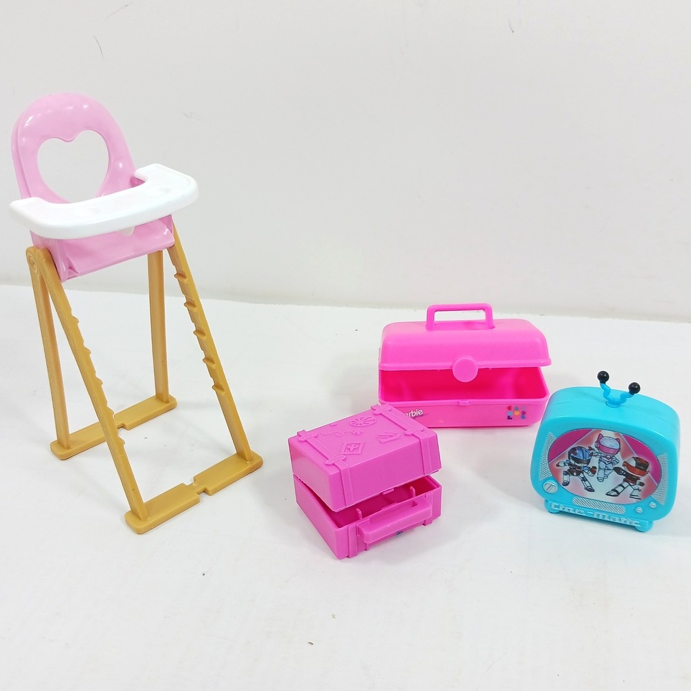 Barbie Doll Accessories Lot High Chair Cine-Matic TV Pink Storage Cases Trunk